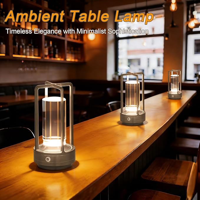 Rechargeable Table Lamp Cordless, Portable Metal Table Lamp 3 Color | Crystal | Stepless Dimming, for Bedroom, Cafe, Camping, Bar, Dining Table, Restaurant
