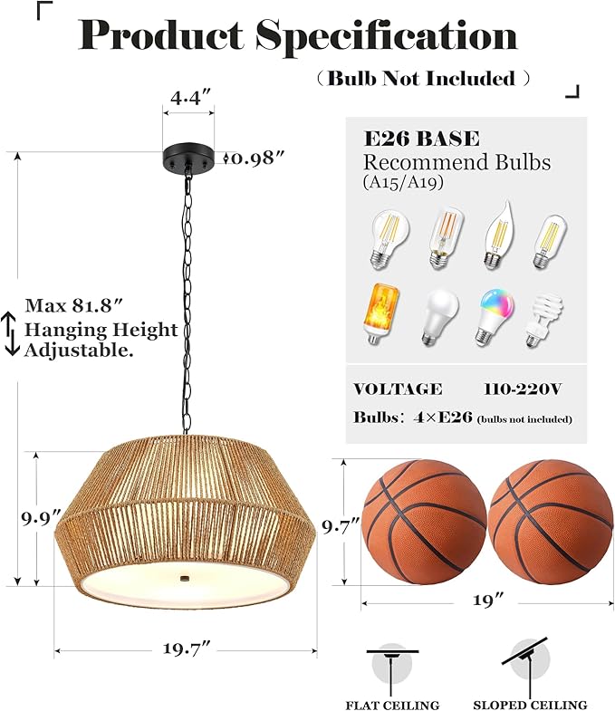 ELYONA 20" Large Rattan Chandelier Light Fixtures, 4-Lights Boho Pendant Light, Adjustable Woven Chandelier for Dining Room with Fabric Shade, Rustic Hanging Light for Kitchen Island,Living Room