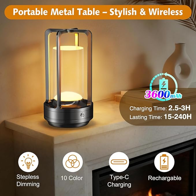 Portable Table Lamp for Outdoor Indoor: Cordless Rechargeable Desk Lamp with 10 Colors - Shower Lamp with Stepless Dimmable - Metal Battery Operated Lantern Light for Bedroom/Bar/Coffee Shop/Camping