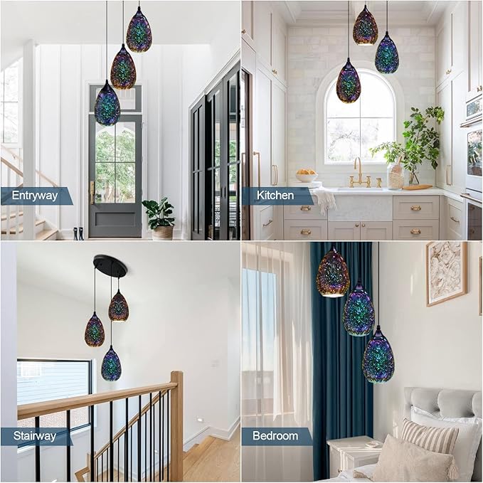 Yisuro Modern 3D Pendant Lights Kitchen Island 3 Pack, Farmhouse Colorful Glass Pendant Light with Clear Globe Shade, Kitchen Island Lighting for Dining Room Entryway, 7.8-inch Diameter