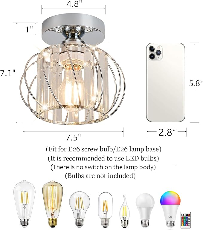 Semi Flush Mount Crystal Ceiling Light, Metal Cage Hallway Ceiling Lamps, Farmhouse Ceiling Light Fixture, Industrial Crystal Chandelier for Corridor Bathroom Kitchen (1, Chrome, 7.5 Inch)