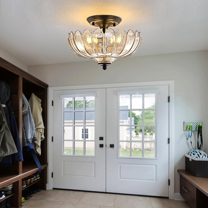 Cognac Glass Ceiling Light Fixture - Handmade Art Glass Semi Flush Mount Lighting, 3 E26 Base Vintage Chandelier with Rich Cognac Shade, Dimmable for Bedroom Kitchen Entryway