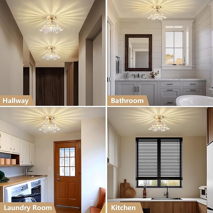 Modern Flower Glass Ceiling Light, Mid-Century Lighting Fixtures, Gold Semi Flush Mount Ceiling Light for Hallway, Kitchen, Laundry Room, Bathroom, Entryway, 11 in