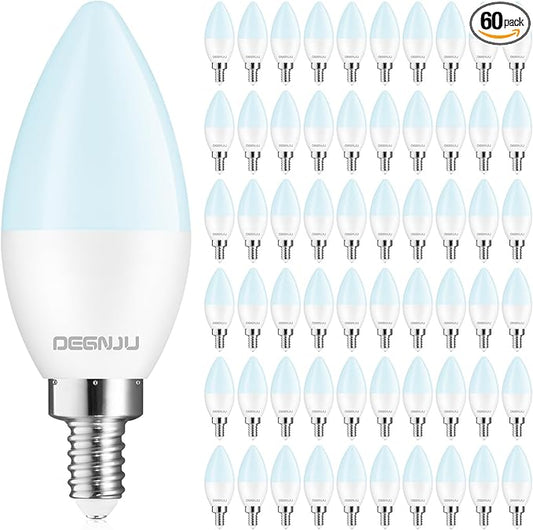 DEGNJU 60 Pack Chandelier Light Bulbs, 60 Watt Equivalent, 5.5W E12 LED Candelabra Light Bulbs, Daylight White 5000K B11 Ceiling Fan Bulb, Type b Shape, 650 Lumen, 120V, Non-Dimmable