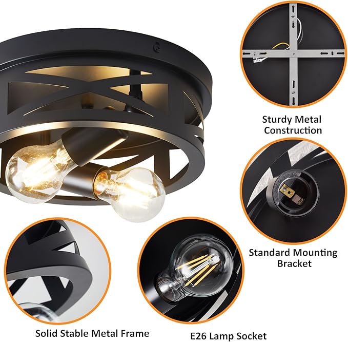 2-Light Flush Mount Ceiling Light Fixtures, Industrial Farmhouse Ceiling Light, Black Hallway Light Fixtures Ceiling, Vintage Light Fixtures Ceiling Mount Lamp for Hallway Kitchen Bedroom (2 Pack)