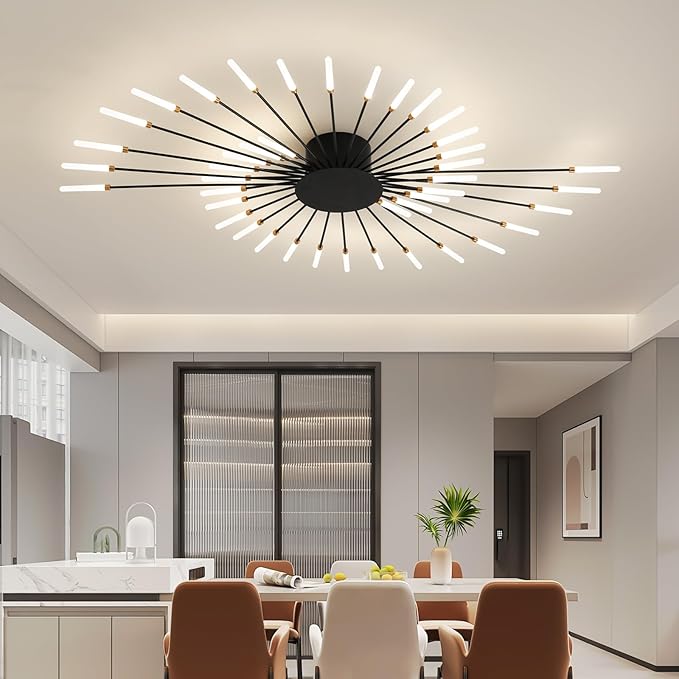 ziidoo Modern Ceiling Light, 42 Lights Metal Firework Designed Chic Led Lighting Fixture for Farmhouse Kitchen Dining Room Bedroom Hallway Living Room (Black)