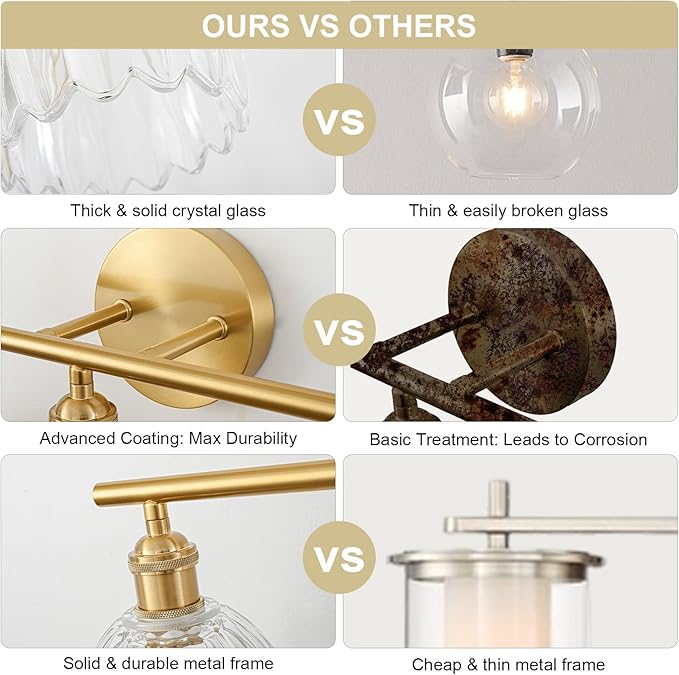 Gold Bathroom Light Fixtures Over Mirror, 3 Light Bathroom Vanity Light Fixture with Tulip Transparent Glass Lampshade, Vintage Vanity Lights for Bathroom, Bathroom Vanity Lights Over Mirror