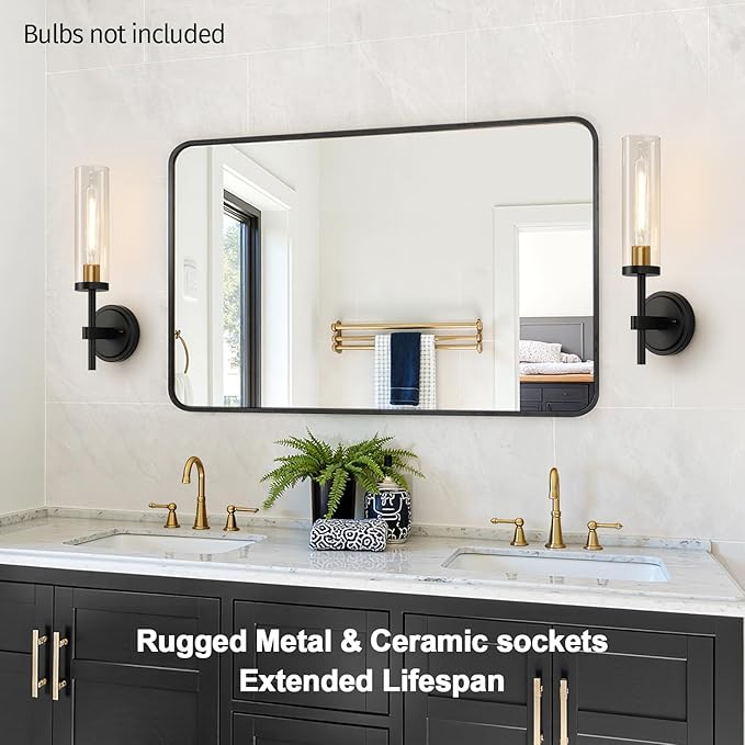 MOKATNG Wall Sconces Set of Two, Black and Gold Bathroom Sconces with Clear Glass, Hardwired Sconces Wall Decor Set of 2, Modern Wall Light Fixtures for Bathroom Mirror Living Room Bedroom Hallway