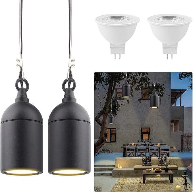 Cheopha Outdoor Pendant Hanging Lights,12V Low Voltage Landscape Lighting, Replaceable MR16 LED Bulb Warm White, Waterproof Light for Porch Pergola and Tree Lighting 2-Pack