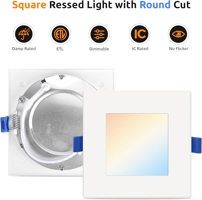 HONZIN Square LED Recessed Lighting 4 Inch, 5CCT Ultra Thin Led Recessed Ceiling Lights 12 Pack, Selectable 2700K/3000K/3500K/4000K/5000K, 9W, IC Rated, Dimmable Square White Trim with Junction Box