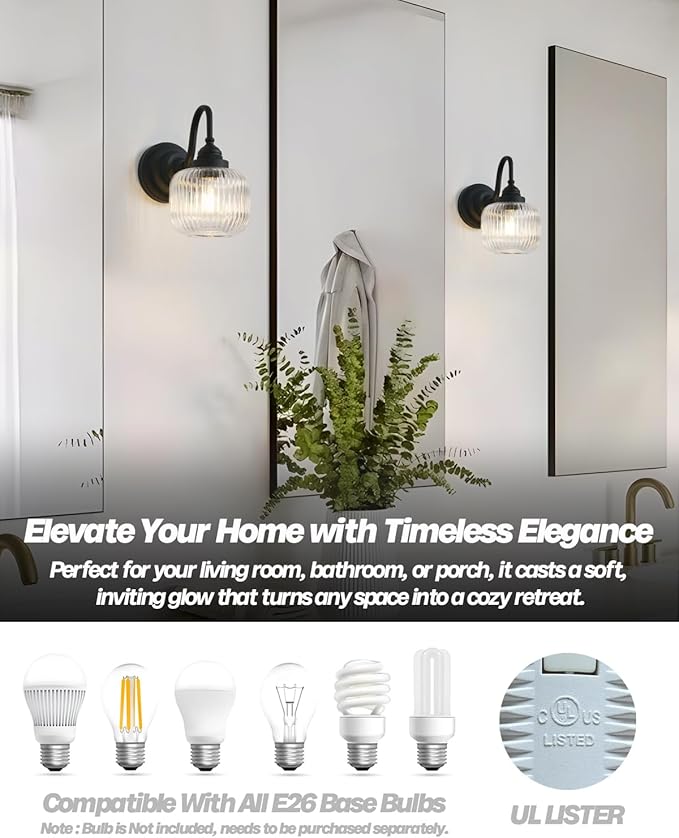 Vintage Industrial Wall Sconce Lighting with Clear Striped Glass Shade, Hardwired Wall Vanity Light Fixture for Bathroom Kitchen Living Room Bedroom Hallway