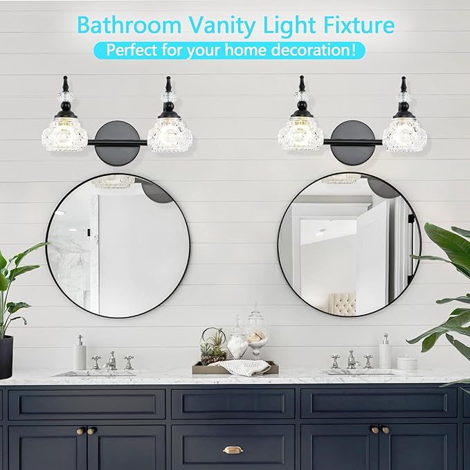 WJShome 2 Light Black Bathroom Vanity Light, Bathroom Vanity Lights Over Mirror, with Fine Chunky Crystal Glass Light Shade for Bedroom Living Room Bathroom Hallway Patio