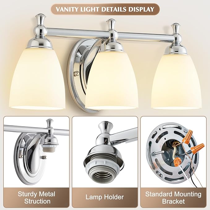 EJIAXIN Bathroom Light Fixtures, 3 Light Bathroom Lighting Fixtures Over Mirror Wall Mounted Lighting Chrome Vanity Light for Living Room Cabinet