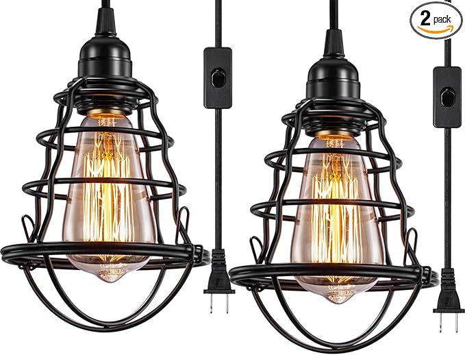 Asnxcju Industrial Plug in Pendant Light Vintage Hanging Cage Pendant Lighting E26 E27 Mini Pendant Light Edison Plug in Light Fixture On/Off Switch 2 Pack