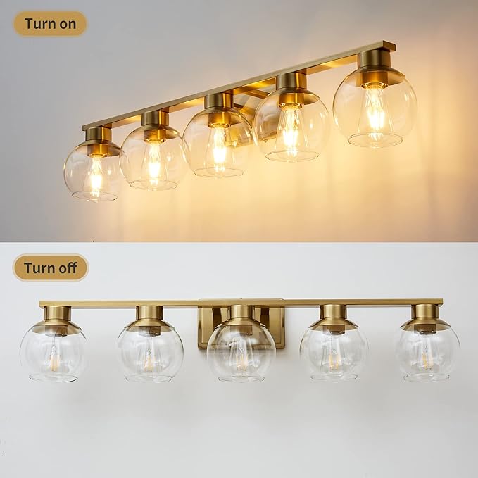 PAZALA Brushed Brass Bathroom Light Fixtures Over Mirror 5-Lights Vanity Light Wall Sconce with Globe Glass Shade E26 Base Perfect for Hallway Picture Wall Lighting Bathroom Bedroom Mirror Living Room
