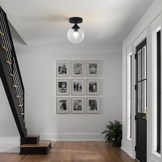 KCO Lighting 1-Light Small Clear Glass Globe Flush Mount Ceiling Light Industrial Matte Black Semi Kitchen Semi Flush Mount Ceiling Light Mid Century Hallway Ceiling Light Fixture