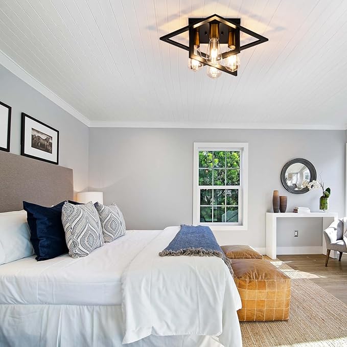 Semi Flush Mount Ceiling Light Fixture, 4 Light Industrial Ceiling Light,Black Frame & Gold Accent, Close to Ceiling Farmhouse Lighting for Kitchen, Bathroom, Bedroom, Hallway (E26,2-Pack)