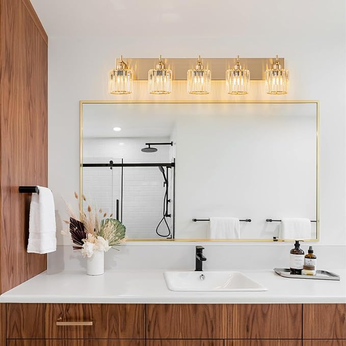 Modern Crystal Bathroom Vanity Lights, Gold 5-Lights Bathroom Light Fixtures Over Mirror, Crystal Wall Lighting with Polished Brass Finish