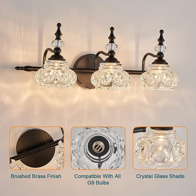 Vintage Bathroom Vanity Light Fixture, 3 Lights Bathroom Lighting Painted Black Surface with Thick Crystal Glass Shade, Vintage Vanity Light for Bedroom Living Room