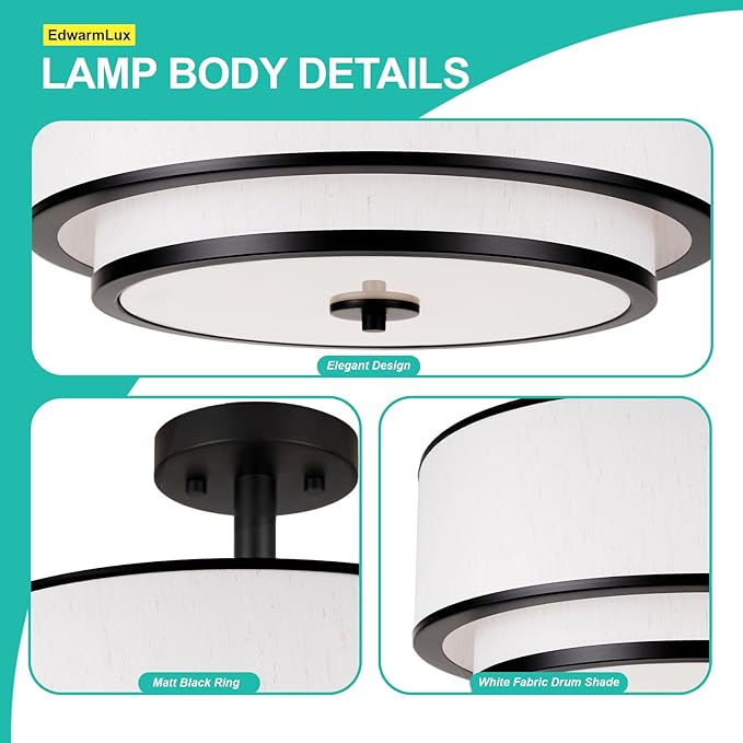 3-Light Semi Flush Mount Ceiling Light, 16" Drum Light with White Fabric Shade, Modern Close to Ceiling Lamp for Living Room Bedroom Dining Kitchen Hallway Entry (Matte Black)