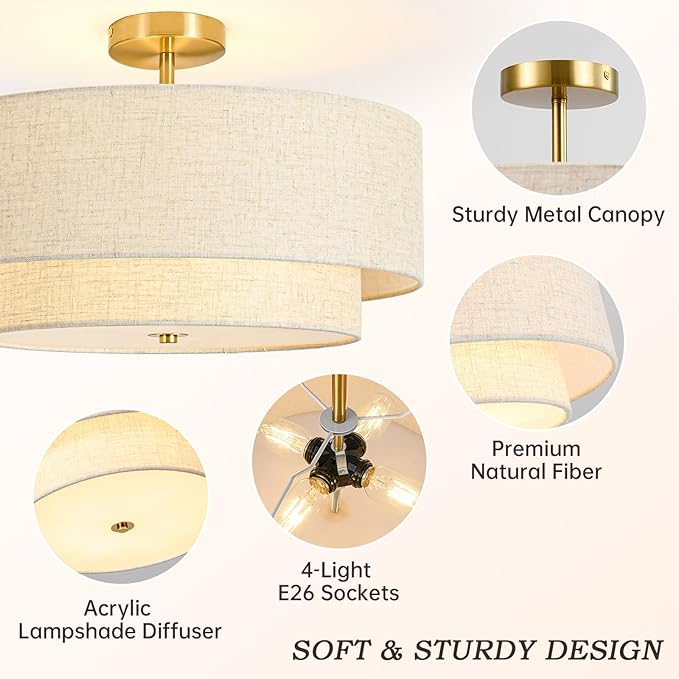 19.7" Semi Flush Mount Ceiling Light, 4-Light Drum Ceiling Light Fixture with 2-Tier Fabric Linen Shade Design, Modern Classic Ceiling Light for Dining Room, Living Room, Bedroom, Hallway, Entryway