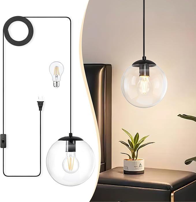 KoKo&Yukina 8" Globe Pendant Light Black Plug in Pendant Light Adjustable Hanging Lights with Plug in Cord Matte Black Finished with Clear Glass Lampshade for Bedroom Kitchen Island（Bulb Included）