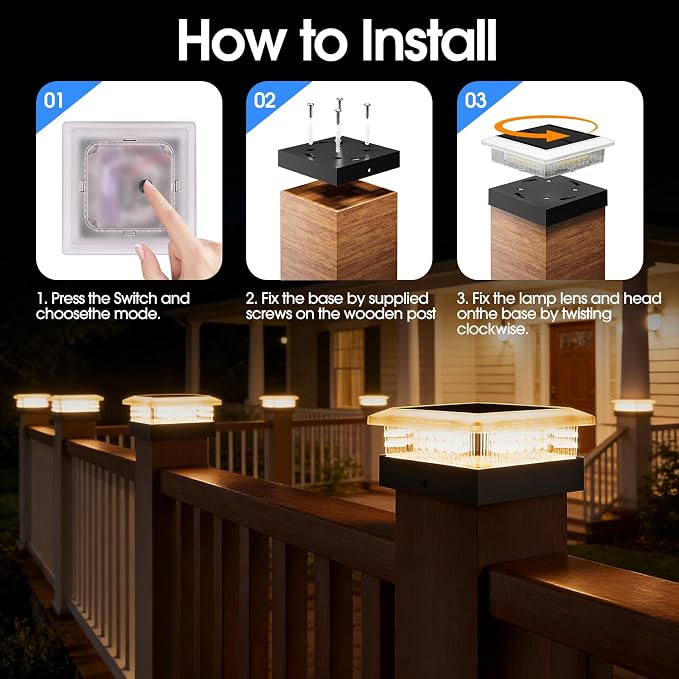 4x4 96 LED Post Solar Lights 2 Pack, 4 Lighting Modes Solar Post Cap Lights for 4x4 3.5x3.5 Wood/Vinyl Posts, Ip67 Waterproof Fence Deck Post Lights Solar Powered for Patio Porch, Black