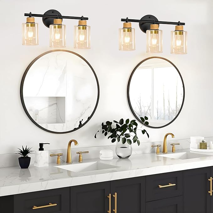 Bathroom Light Fixtures,3-Light Matte Black Vanity Light with Clear Glass Shade,Farmhouse Bathroom Lighting Fixtures Over Mirror,Wall Sconces for Bedroom Kitchen Cabinet Living Room Hallway