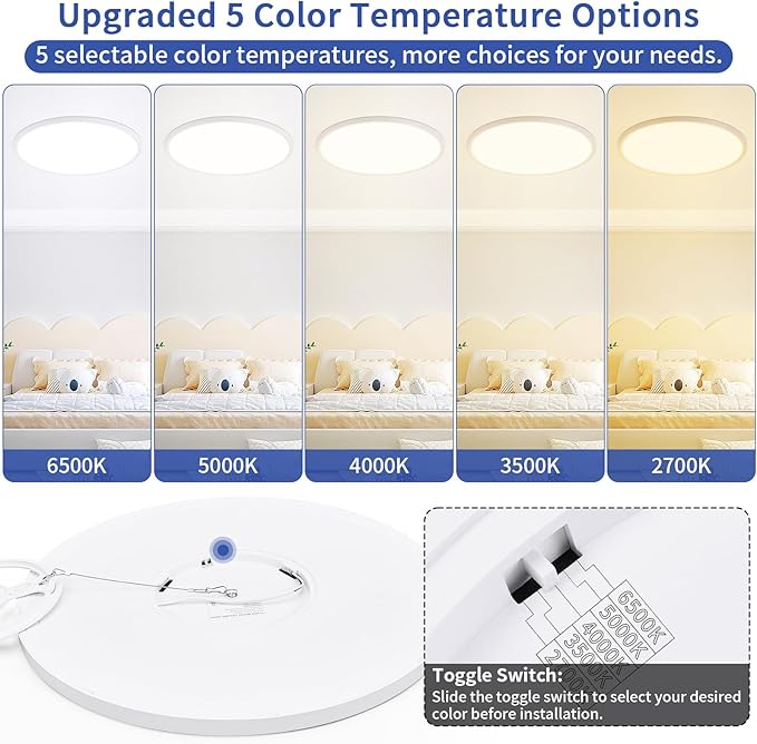 12 inch Led Ceiling Light, 24W Ultra Thin Dimmable Flush Mount Light, 2700K/3500K/4000K/5000K/6500K Selectable Round Ceiling Lamp for Bedroom Kitchen Living Room
