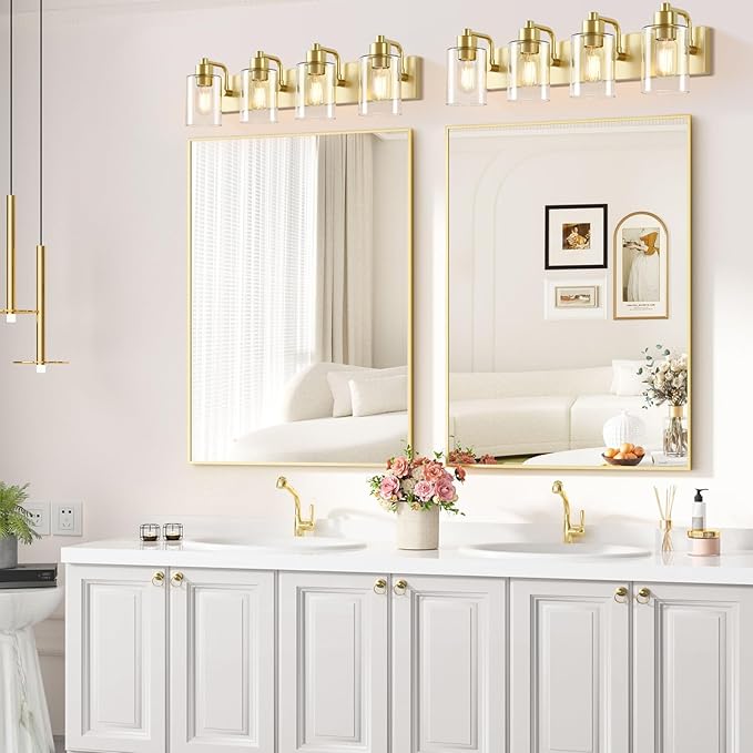 Dpyrrhic Gold Bathroom Light Fixtures,Gold Vanity Light Wall Sconces,4-Light Bathroom Lights Over Mirror with Clear Glass Shade for Kitchen Living Room Bedroom