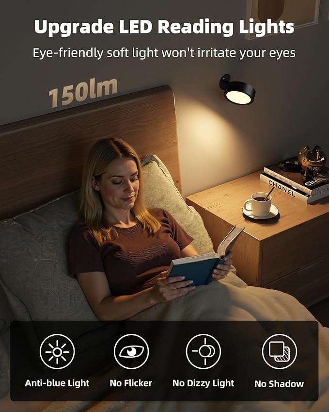 EZVALO LED Wall Mounted Light, 3000mAh Rechargeable Cordless Wall Sconce, Dimmable with Remote & Touch Control, 3 Color Temps, 360° Rotatable for Bedroom, Bedside, Reading(Black, 3Pack)