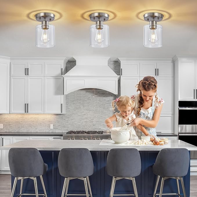 YYT Brushed Nickel Semi Flush Mount Ceiling Light, Small Hallway Light Fixture Ceiling, 1-Light Over Sink Lighting Fixtures Kitchen, Cieling Lights with Clear Glass Shade for Entryway Bedroom 1 Pack