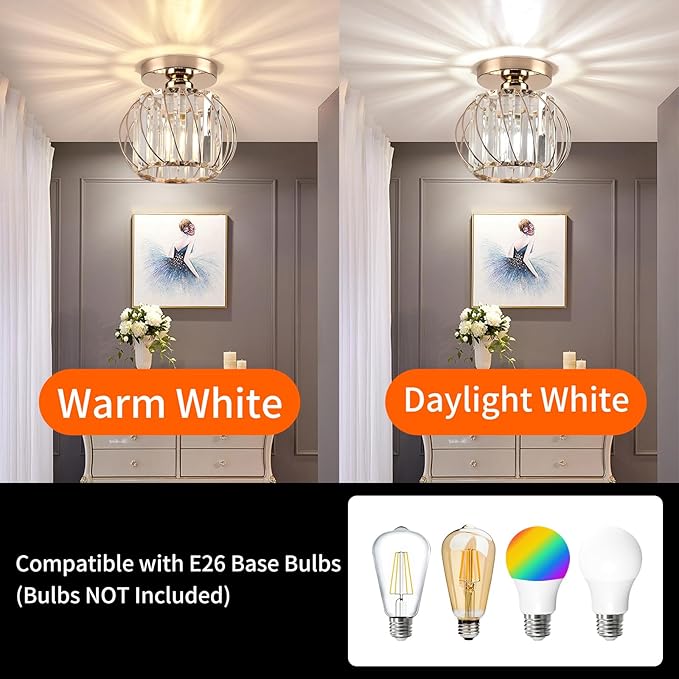 Crystal Ceiling Light, Crystal Semi Flush Mount Ceiling Light Gold Crystal Chandelier for Kitchen Hallway Entrance Balcony Dining Rooms Living Rooms Bar Farmhouse