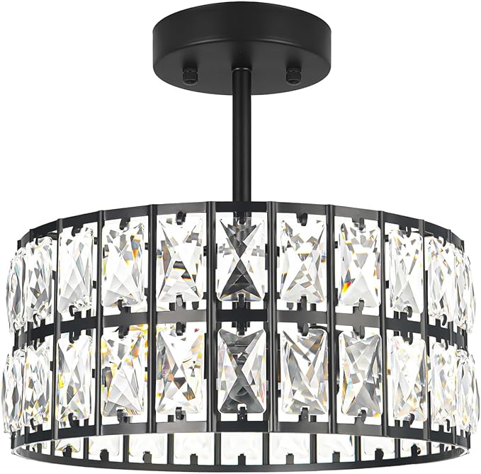 Matte Black Crystal Ceiling Light, Modern Semi Flush Mount Ceiling Lighting, Hallway Lighting Fixtures, Small Chandelier Light Fixture for Kitchen Entryway Bedroom Dining Room, 3-Light, 12 Inch