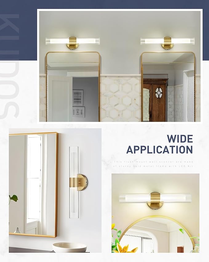 kudos Gold Bathroom Sconces Wall Lighting, Bathroom Vanity Light, Modern Wall Lights with Clear Glass and Frosted Glass,3000K/4500K/6000K Adjustable, KDVL06-GD-2