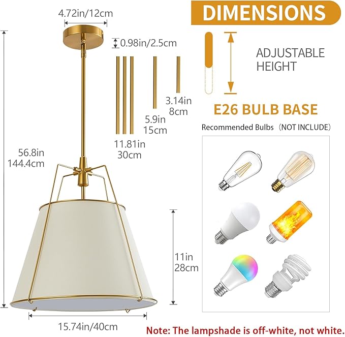 Modern Pendant Light Fixtures with 16" Off-White Linen Fabric Shade, Adjustable Hanging Light Fixture,3-Light Drum Gold Vintage Chandelier for Kitchen Island Bedroom Dining Room Foyer