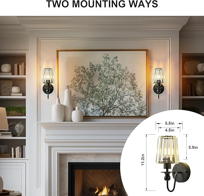 KARTOOSH Hardwired Crystal Wall Sconces Set of Two - Dimmable Wall Light Fixtures 3000K, Warm White, for Hallway, Bathroom, Living Room, Bedroom, Black, 11.2 Inch