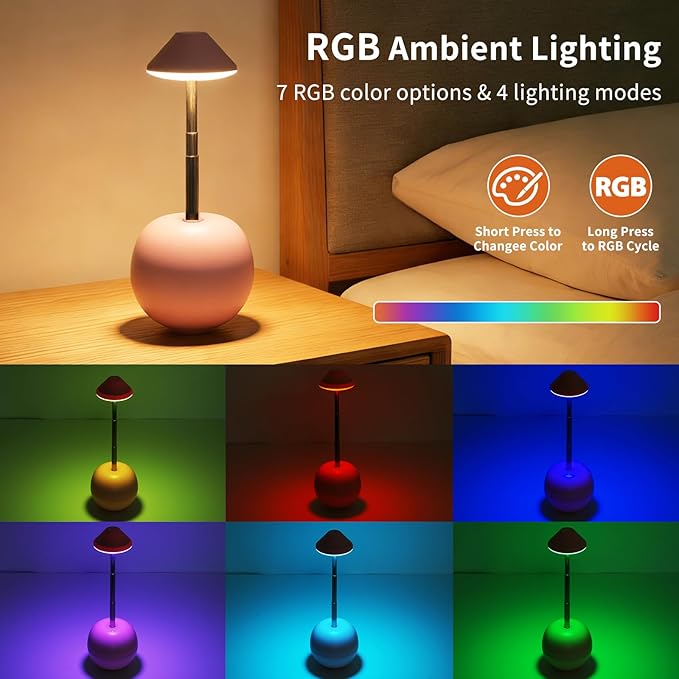 Rechargeable LED Table Light, Tumbler Cordless Table Lamp with 3 Colors & 7 RGB Stepless Dimmable Touch Control Lamps for Patio Restaurant Dining Home Bars (Pink)