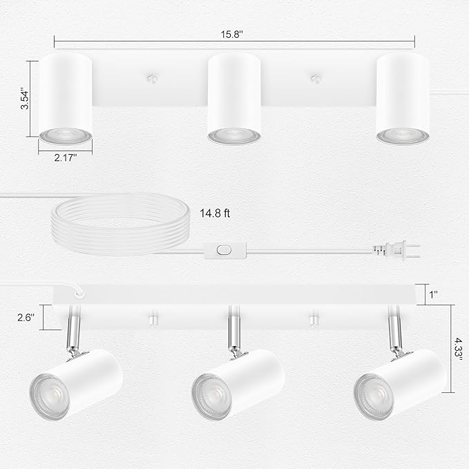 AUQUEE 3 Light Track Lighting Kit,White 3 Way Flexible Plug in Ceiling Spotlight,Industrial LED Wall Light for Kitchen Cabinet Gallery Bar Hallway Living Room,Rocker Switch,15 ft Cord(No Bulb)