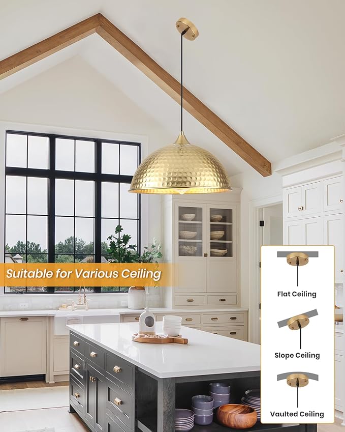 Gold Pendant Lights Kitchen Island 12 Inch, Vintage Hammered Pendant Light Fixtures Adjustable Height Dome Pendant Light for Dining Room Bedroom Bar