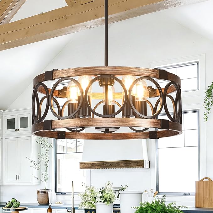 5 Light Light Fixtures Ceiling Mount 19.71" Flush Mount Ceiling Light,Height Adjustable Farmhouse Chandeliers for Dining Room Black Drum Chandelier Ceiling Hanging Pendant Light Fixture