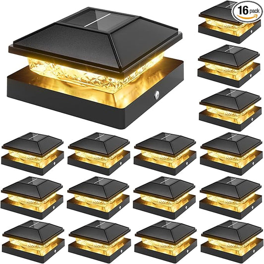 VOLISUN 4x4 Solar Fence - Post Cap Lights 16pack Outdoor Waterproof, Black Deck Post Cap Light with Warm White,for 4x4 Wooden/4x4 Vinyl