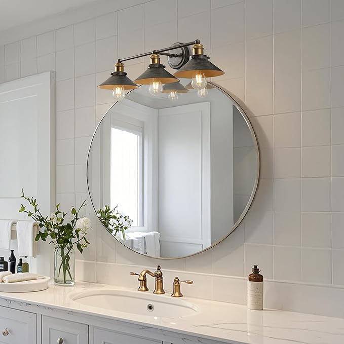 JONATHAN Y 26.5" Rustic Dark Gray/Brass Gold 3-Light Industrial Farmhouse Metal Vanity Light Wall Sconce, Metal Shade for Bathroom Mirror, Kitchen, Entryway, LED Bulb Included (JYL7428D)