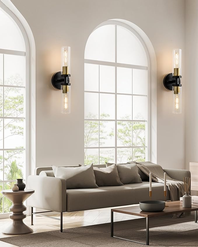 KSRYSZCQ Wall Sconces Set of Two Black and Gold Bathroom Wall Sconce with Clear Glass 15.75" Modern Wall Sconces for Bathroom Living Room Hallway Bedroom Kitchen