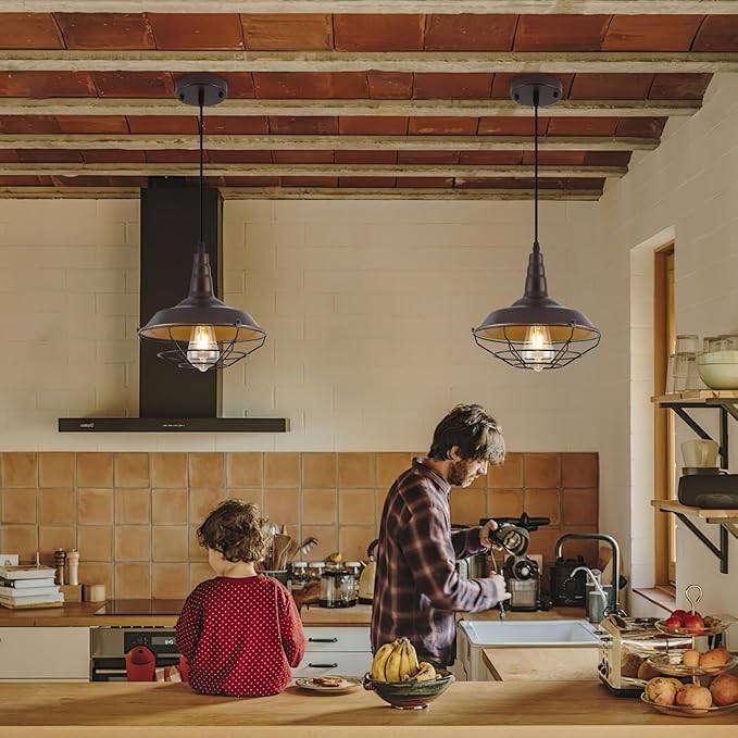 Brown Farmhouse Pendant Light 2 Pack, Vintage Industrial Cage Pendant Light Fixtures, 10.2" Rustic Kitchen Pendant Lighting Over Island Dining Room Barn