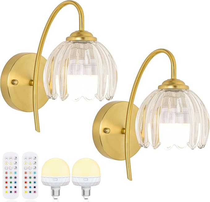 Wireless Wall Sconce with Flower lampshade, Battery Operated Wall Lights,Wall lamp with 15 Colors for Bedroom Living Room Home Decor (Clear-Tulip, 2 Light Battery Operated)