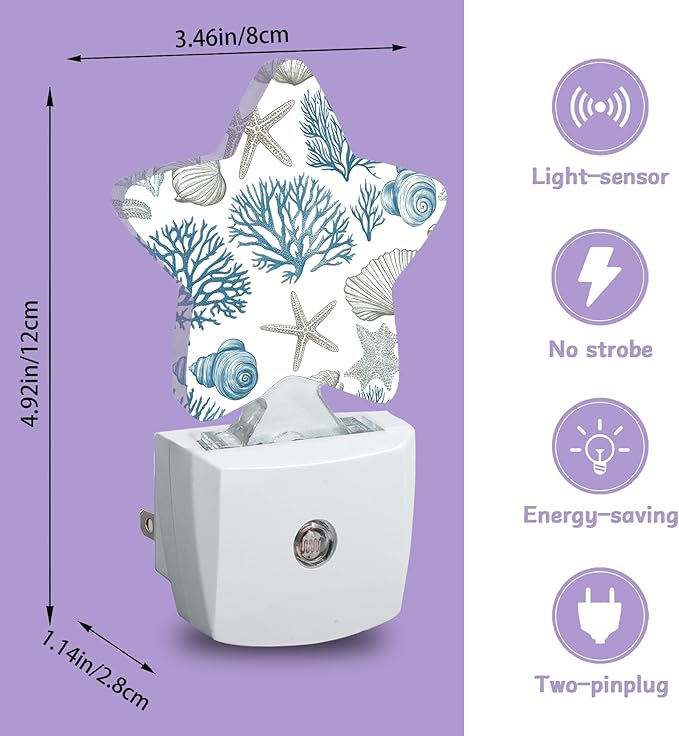 Starfish Seashell Night Lights Plug Into Wall Decorative,Coral Nightlight with Dusk Sensor for Bathroom,Kitchen,Entryway,Room Accent,Gifts