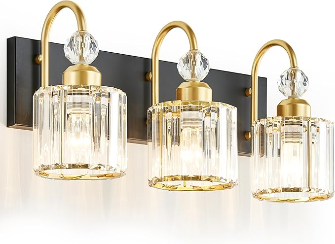 Bathroom Vanity Light Fixtures Over Mirror - Makeup Lighting Black Gold - for Modern Wall, Bath, Desk, Farmhouse, Hallway 3 Crystal Lights