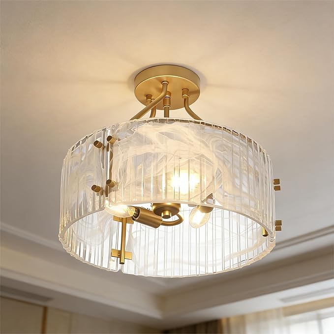 Gold Glass Semi Flush Mount Ceiling Light Fixture 3-Light Drum Ceiling Light Foyer Kitchen Lighting Fixtures D15 Farmhouse Flush Mount Ceiling Lights for Living Room Hallway Bedroom