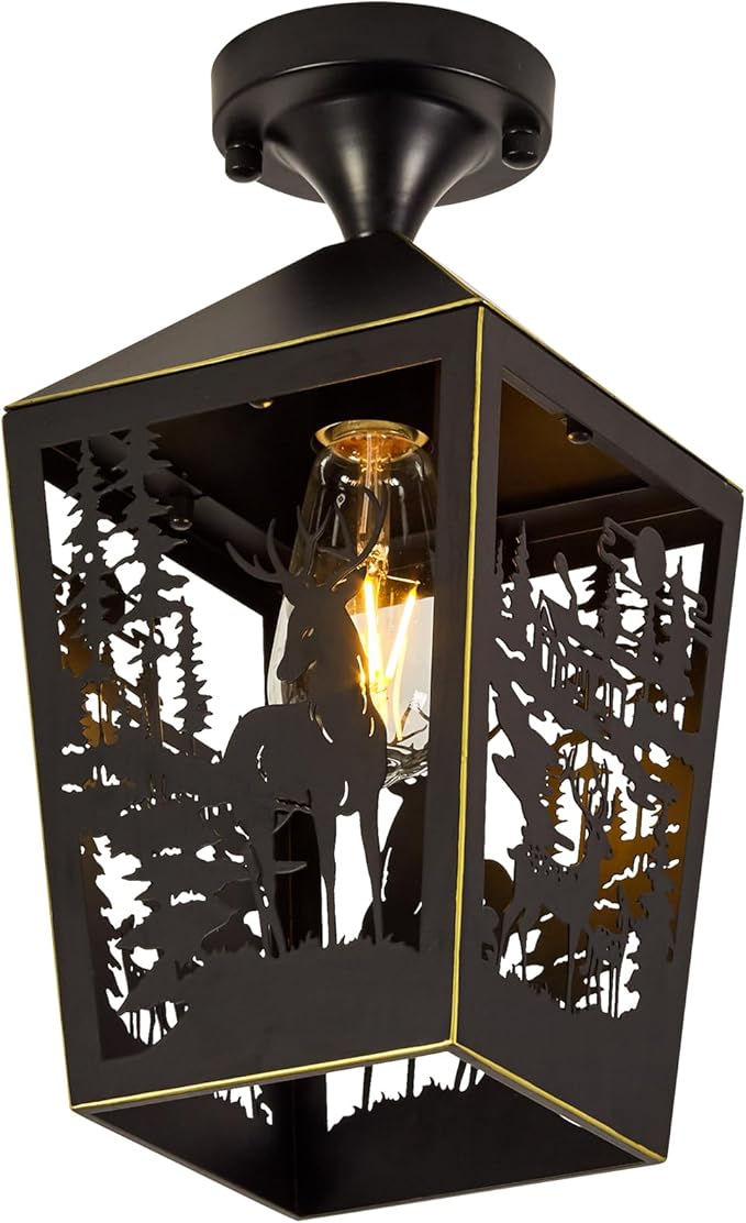 Farmhouse Semi Flush Mount Ceiling Light Fixture, Rustic Black Metal Deer Animal Light Fixtures for Log Cabin Hallway, Foyer, Kitchen, Balcony, and Outdoor Porch Lighting (Bulbs Not Included)